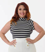Smak Parlour Plus Size Navy & Silver Stripe Cowl Neck Tie Blouse - Unique Vintage - Womens, TOPS, KNIT TOPS