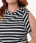 Smak Parlour Plus Size Navy & Silver Stripe Cowl Neck Tie Blouse - Unique Vintage - Womens, TOPS, KNIT TOPS