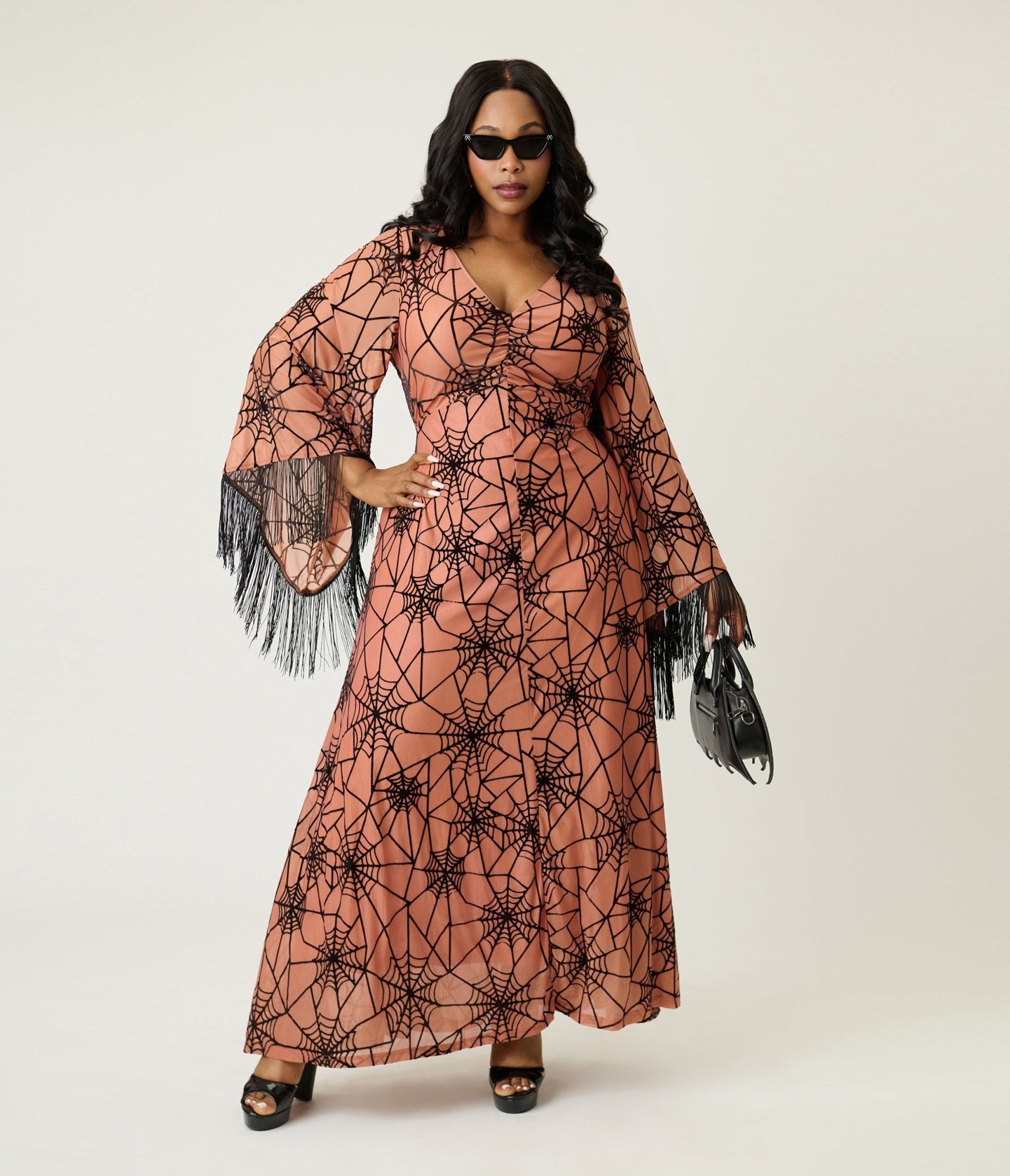 Smak Parlour Plus Size Nude & Black Spiderweb Fringe Sleeve Stevie Maxi Dress - Unique Vintage - Womens, DRESSES, MAXI