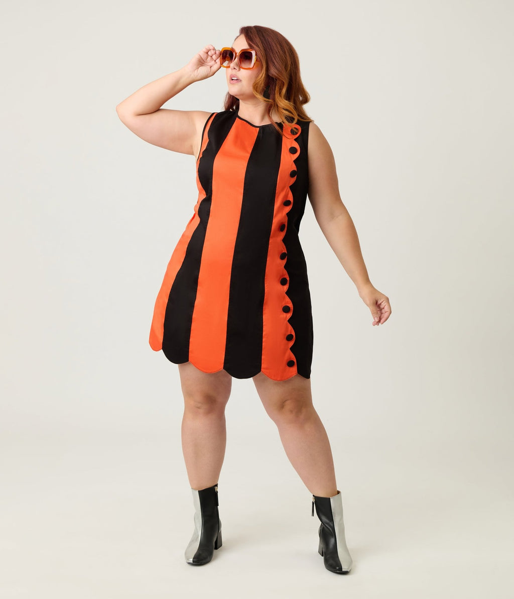 Smak Parlour Plus Size Orange & Black Stripe Scallop Mini Dress - Unique Vintage - Womens, DRESSES, SHIFTS
