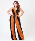 Smak Parlour Plus Size Orange & Silver Sequin Glamour Goddess Jumpsuit - Unique Vintage -Womens, BOTTOMS, ROMPERS & JUMPSUITS