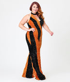 Smak Parlour Plus Size Orange & Silver Sequin Glamour Goddess Jumpsuit - Unique Vintage -Womens, BOTTOMS, ROMPERS & JUMPSUITS