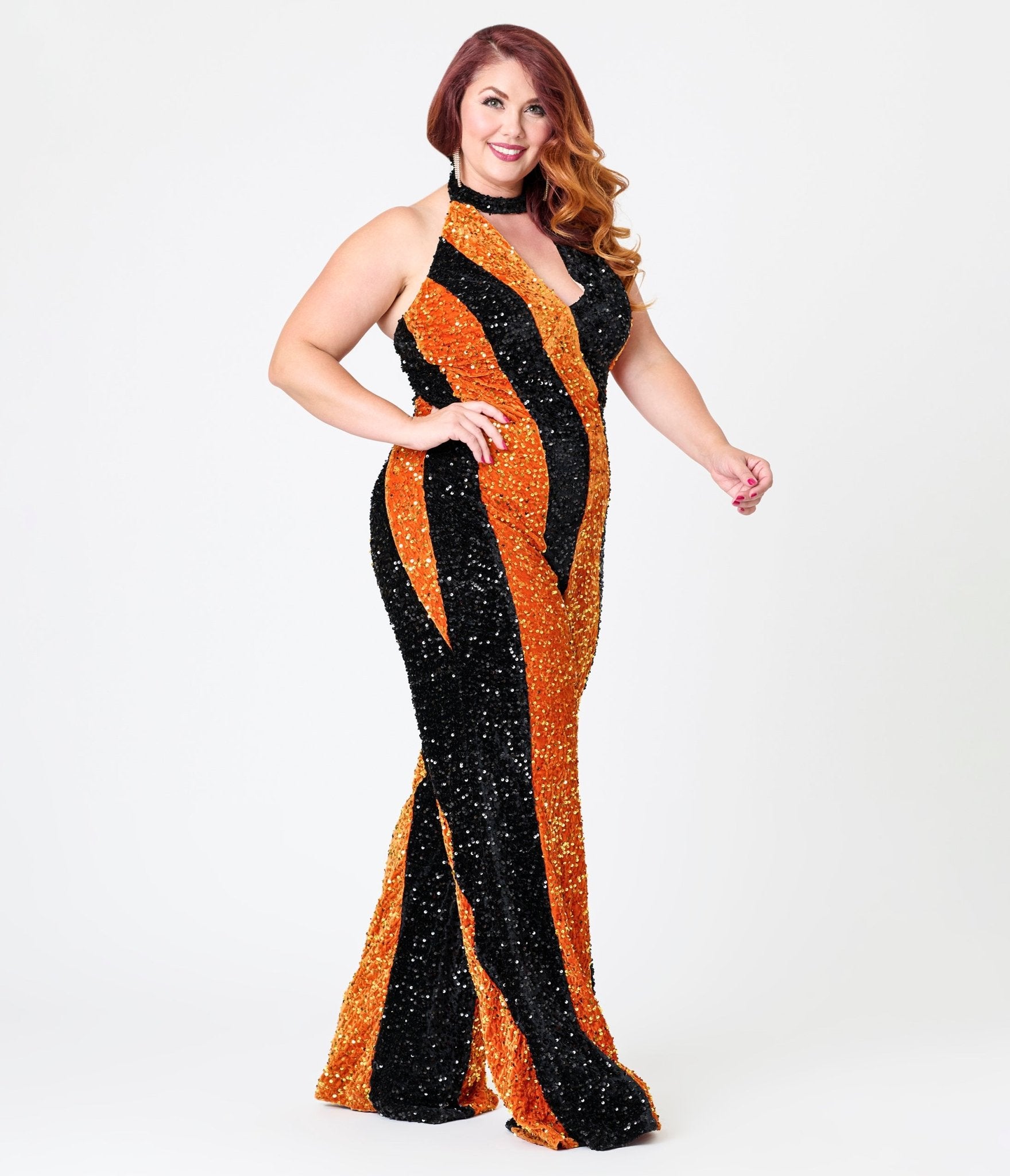 Smak Parlour Plus Size Orange & Silver Sequin Glamour Goddess Jumpsuit - Unique Vintage -Womens, BOTTOMS, ROMPERS & JUMPSUITS