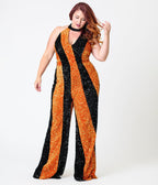 Smak Parlour Plus Size Orange & Silver Sequin Glamour Goddess Jumpsuit - Unique Vintage -Womens, BOTTOMS, ROMPERS & JUMPSUITS