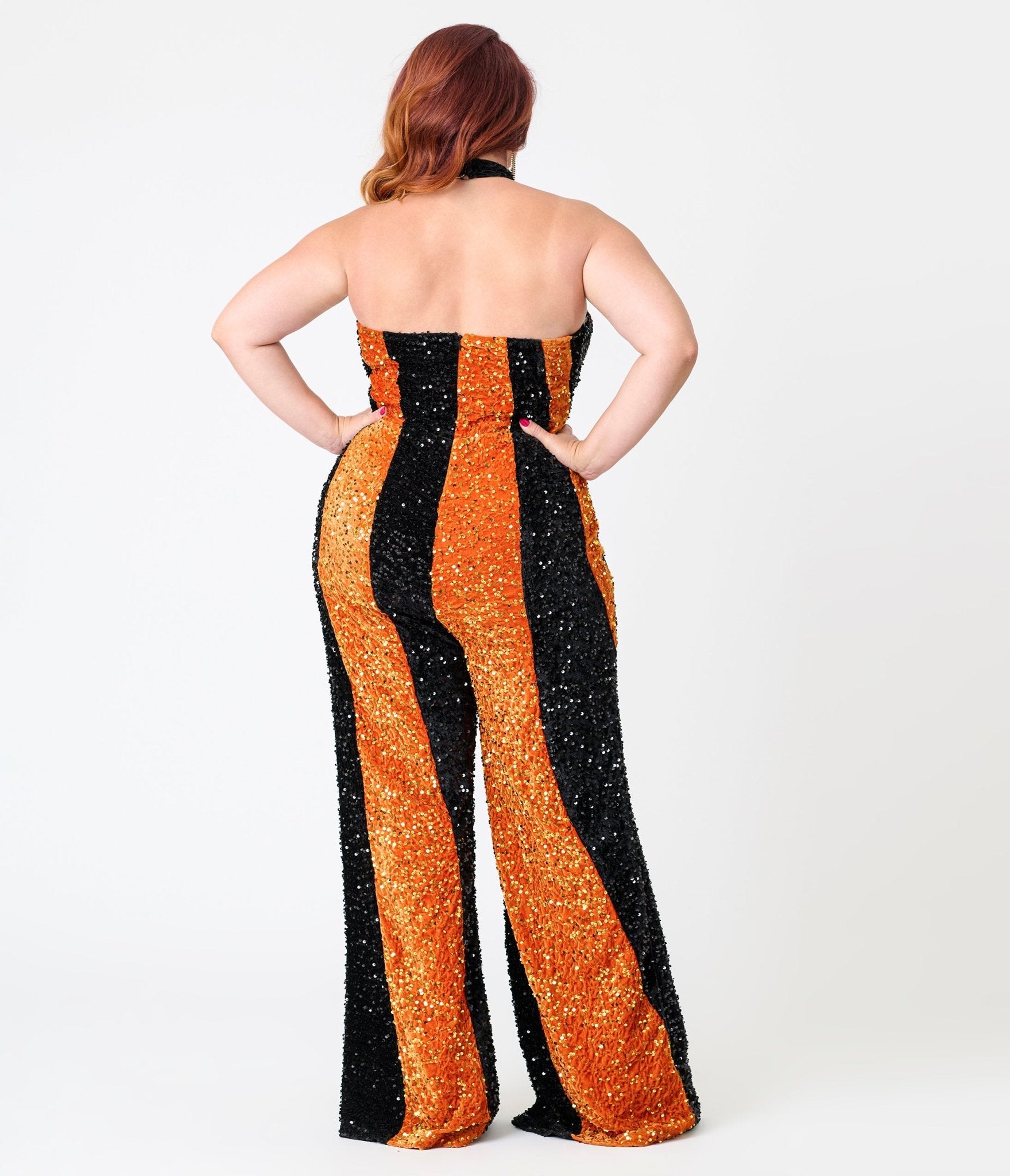 Smak Parlour Plus Size Orange & Silver Sequin Glamour Goddess Jumpsuit - Unique Vintage -Womens, BOTTOMS, ROMPERS & JUMPSUITS