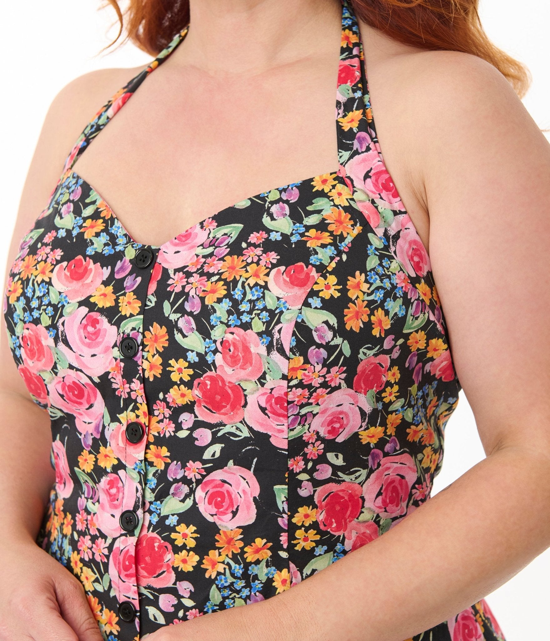 Smak Parlour Plus Size Painted Roses Sweetheart Halter Flare Dress - Unique Vintage - Womens, DRESSES, FIT AND FLARE