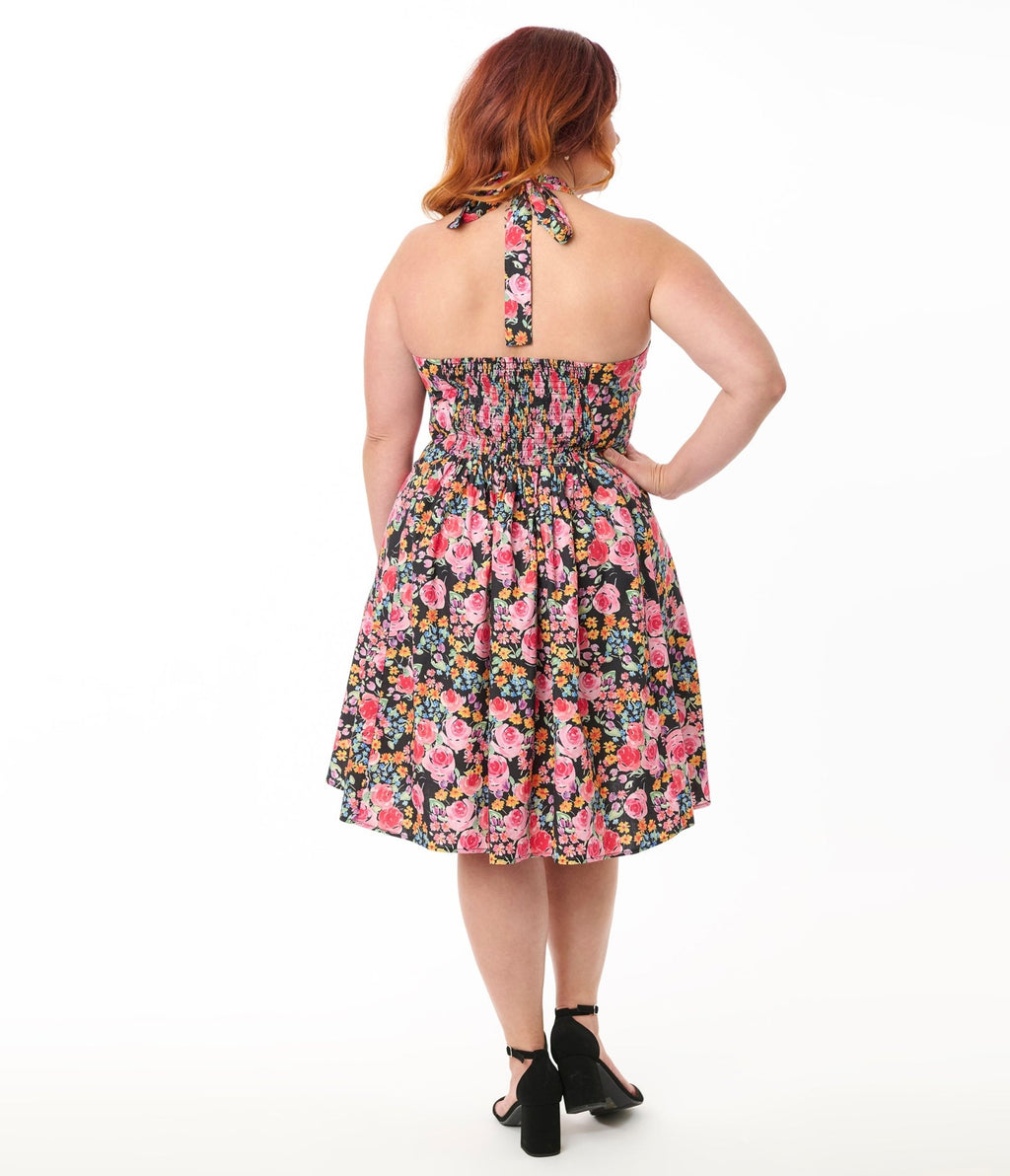 Smak Parlour Plus Size Painted Roses Sweetheart Halter Flare Dress - Unique Vintage - Womens, DRESSES, FIT AND FLARE