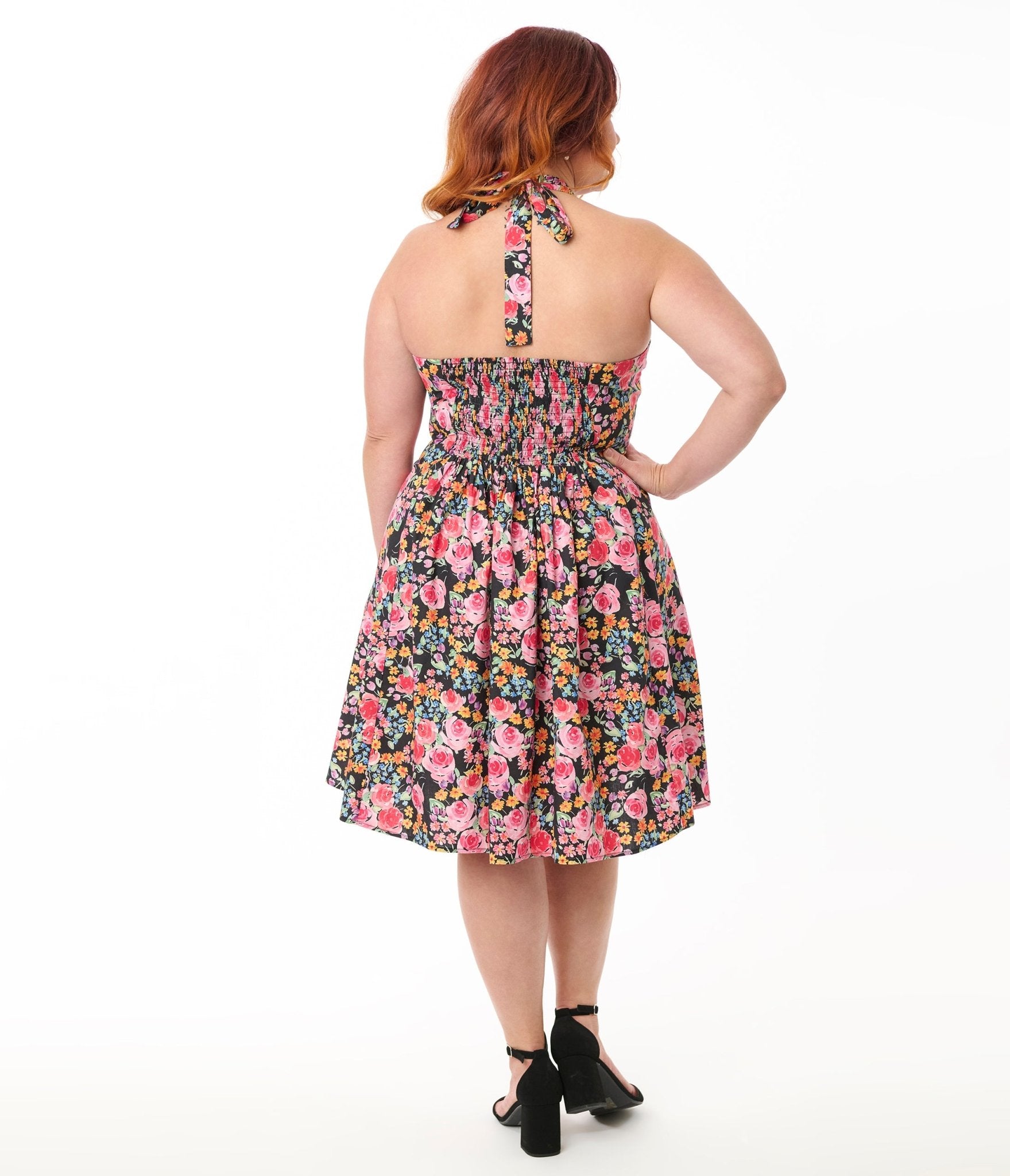 Smak Parlour Plus Size Painted Roses Sweetheart Halter Flare Dress - Unique Vintage - Womens, DRESSES, FIT AND FLARE