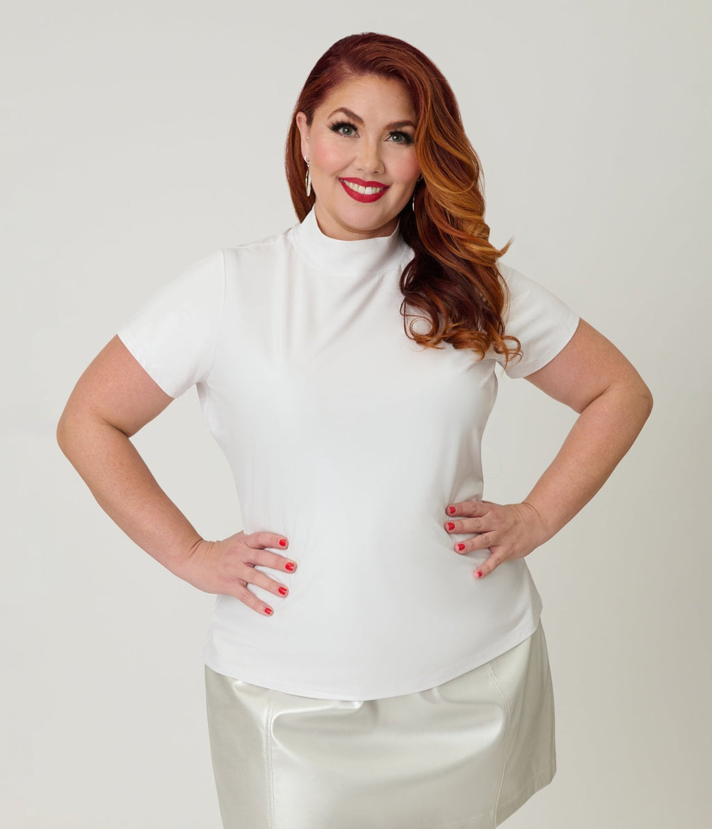 Smak Parlour Plus Size Pearl White Mock Neck Knit Top - Unique Vintage - Womens, TOPS, KNIT TOPS