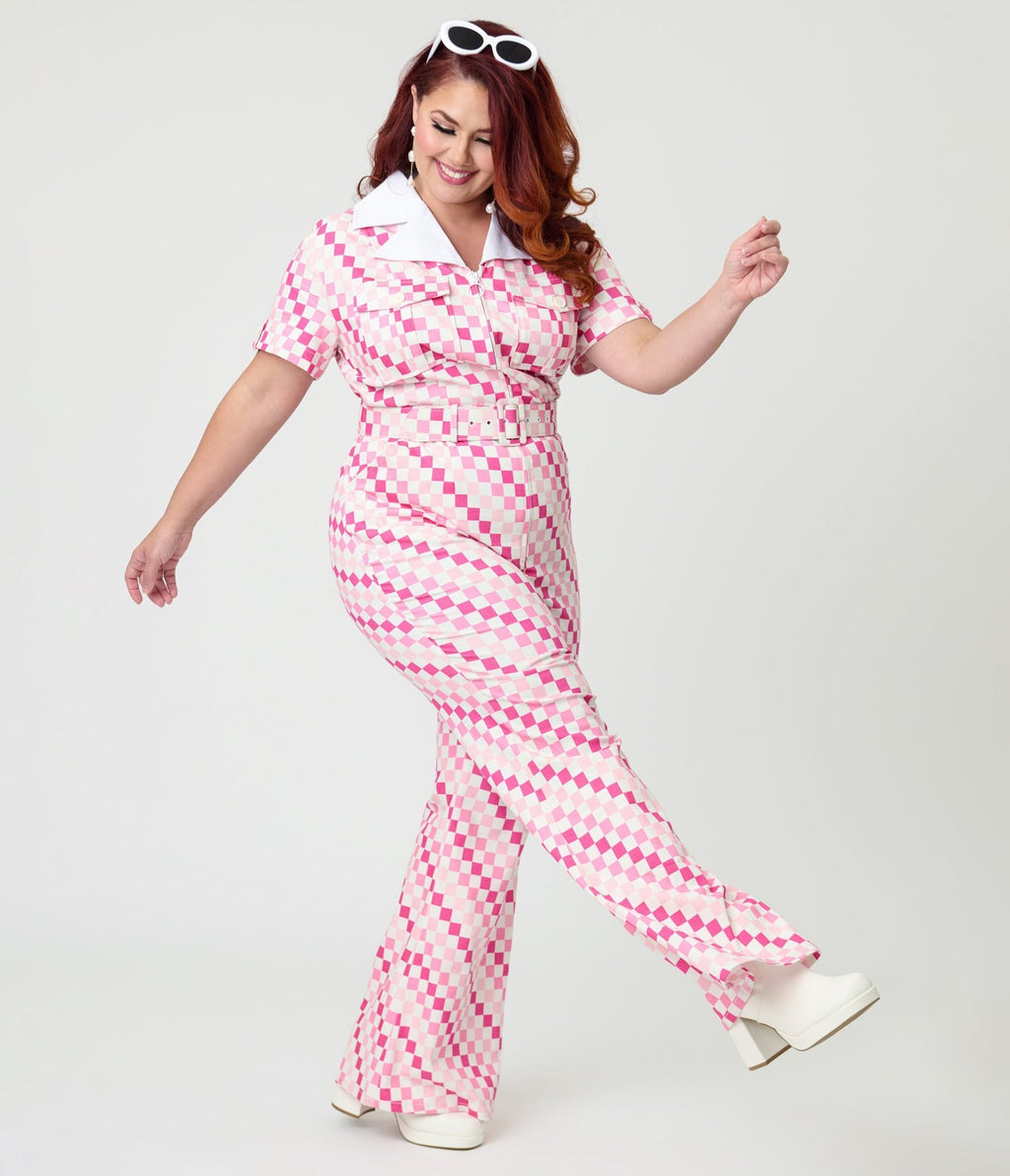 Smak Parlour Plus Size Pink Checkerboard Flare Jumpsuit - Unique Vintage - Womens, BOTTOMS, ROMPERS AND JUMPSUITS