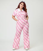 Smak Parlour Plus Size Pink Checkerboard Flare Jumpsuit - Unique Vintage - Womens, BOTTOMS, ROMPERS AND JUMPSUITS