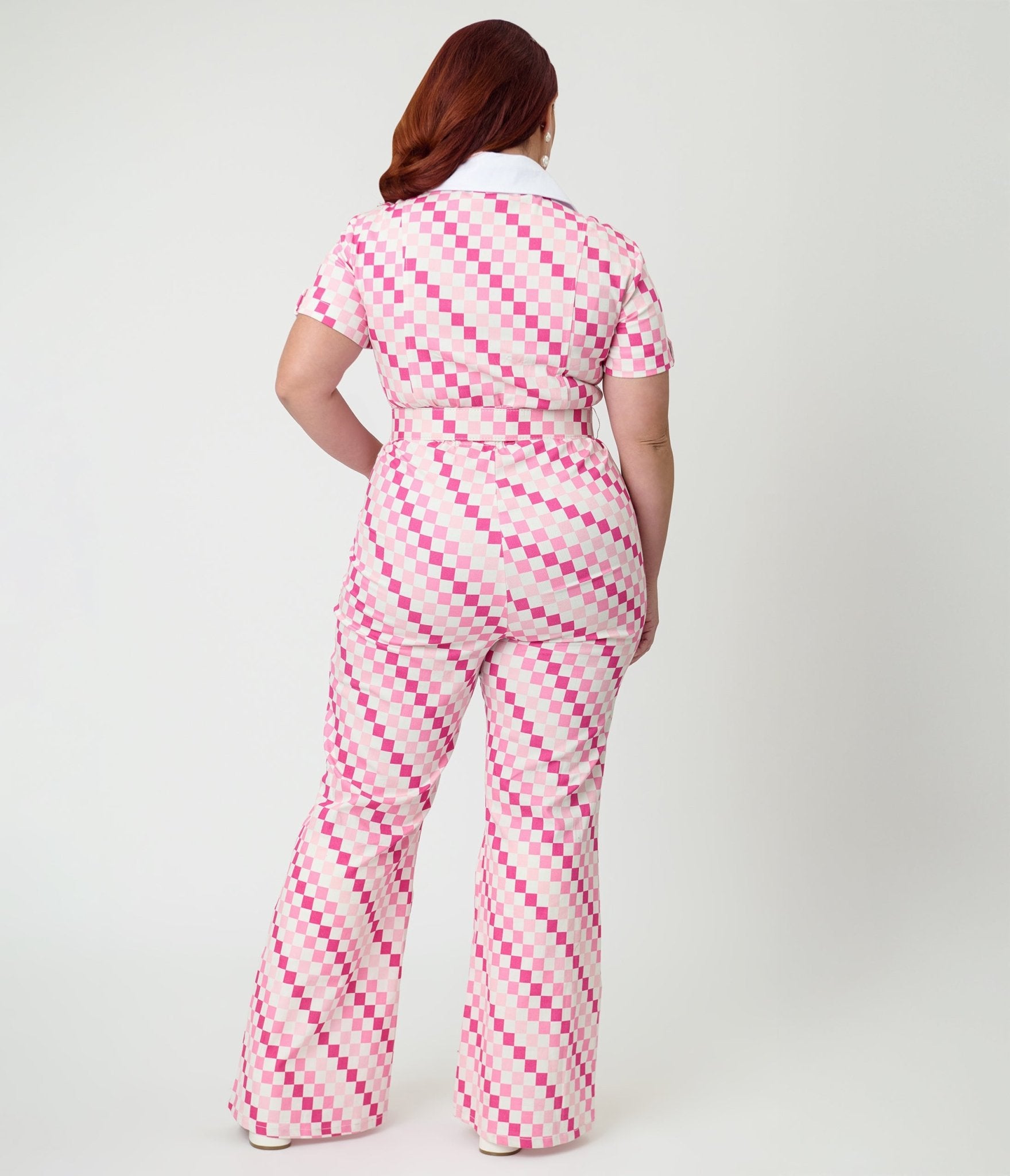 Smak Parlour Plus Size Pink Checkerboard Flare Jumpsuit - Unique Vintage - Womens, BOTTOMS, ROMPERS AND JUMPSUITS