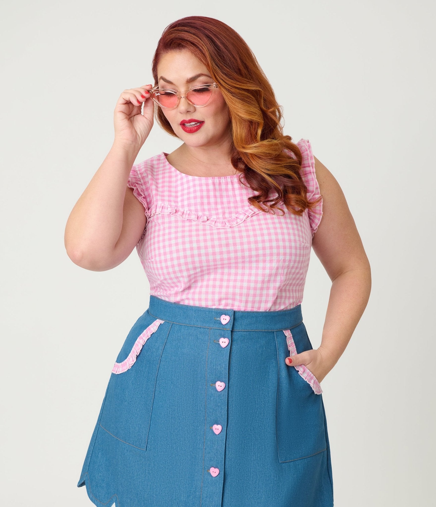 Smak Parlour Plus Size Pink Gingham Ruffle Cotton Blouse - Unique Vintage - Womens, TOPS, WOVEN TOPS