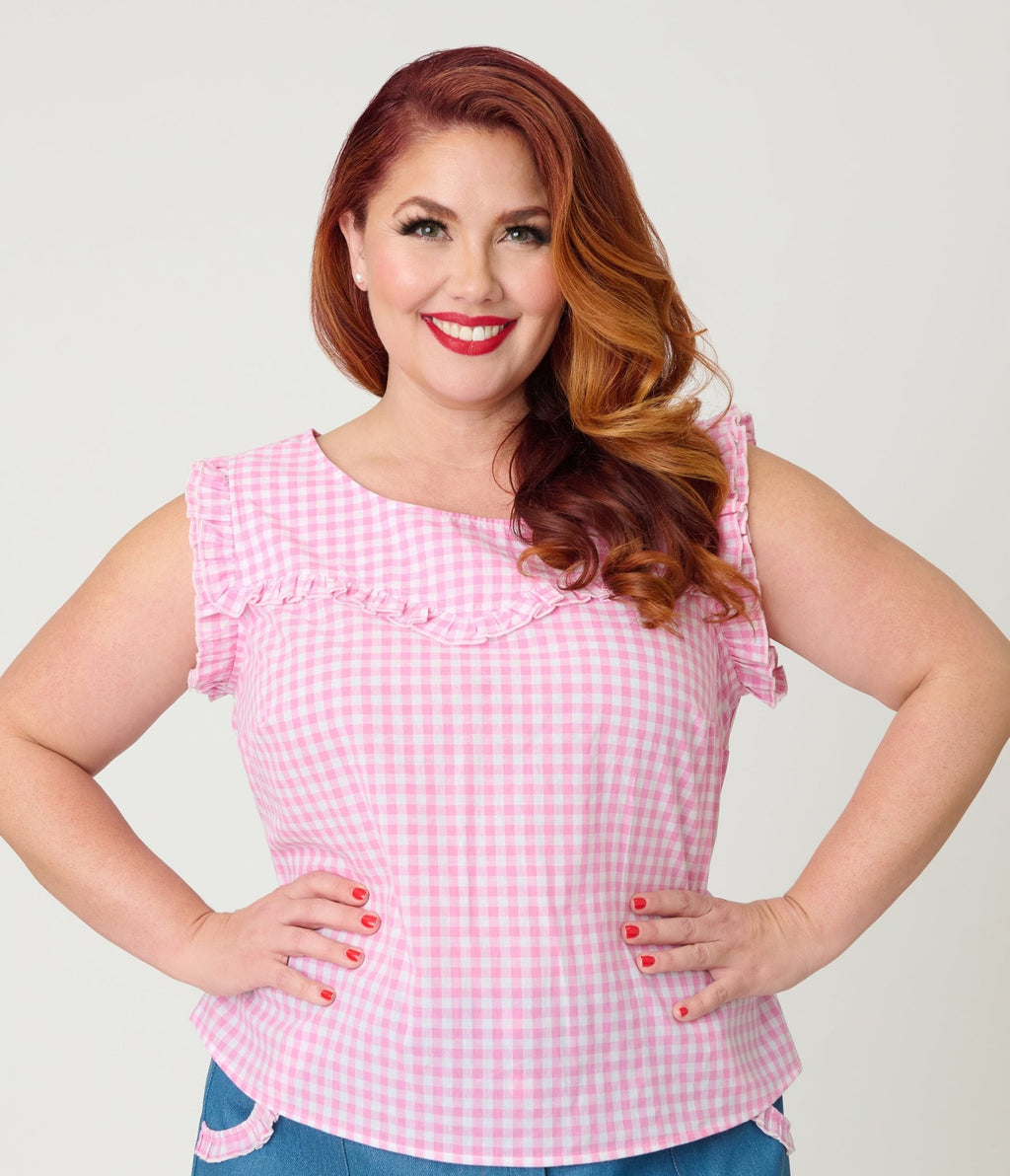 Smak Parlour Plus Size Pink Gingham Ruffle Cotton Blouse - Unique Vintage - Womens, TOPS, WOVEN TOPS