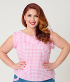 Smak Parlour Plus Size Pink Gingham Ruffle Cotton Blouse - Unique Vintage - Womens, TOPS, WOVEN TOPS