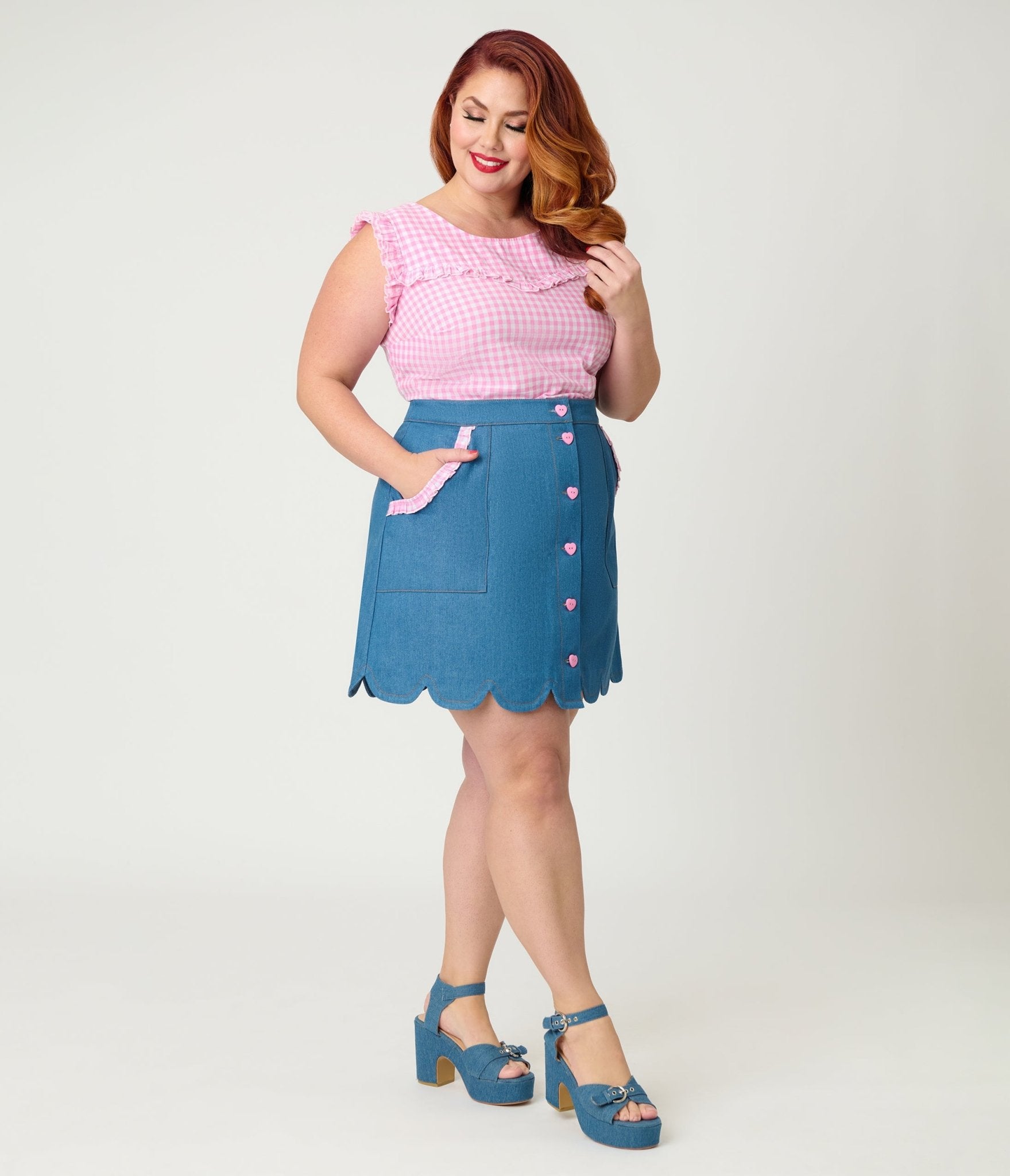 Smak Parlour Plus Size Pink Gingham Ruffle Cotton Blouse - Unique Vintage - Womens, TOPS, WOVEN TOPS