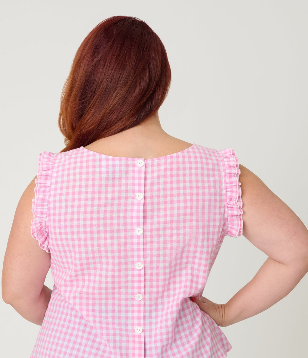Smak Parlour Plus Size Pink Gingham Ruffle Cotton Blouse - Unique Vintage - Womens, TOPS, WOVEN TOPS
