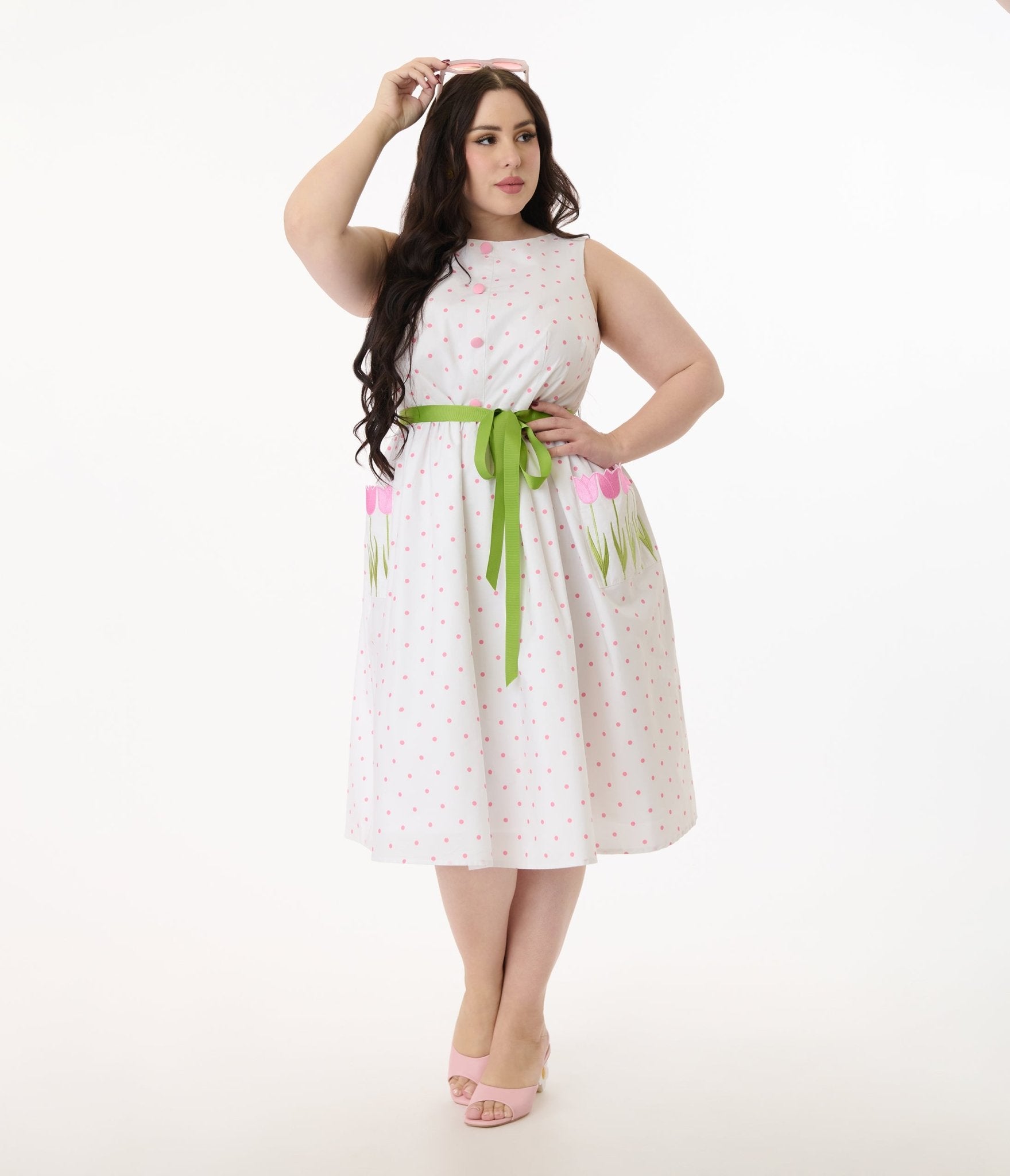 Smak Parlour Plus Size Pink Pin Dot Tulip Sleeveless Swing Dress - Unique Vintage - Womens, DRESSES, SWING