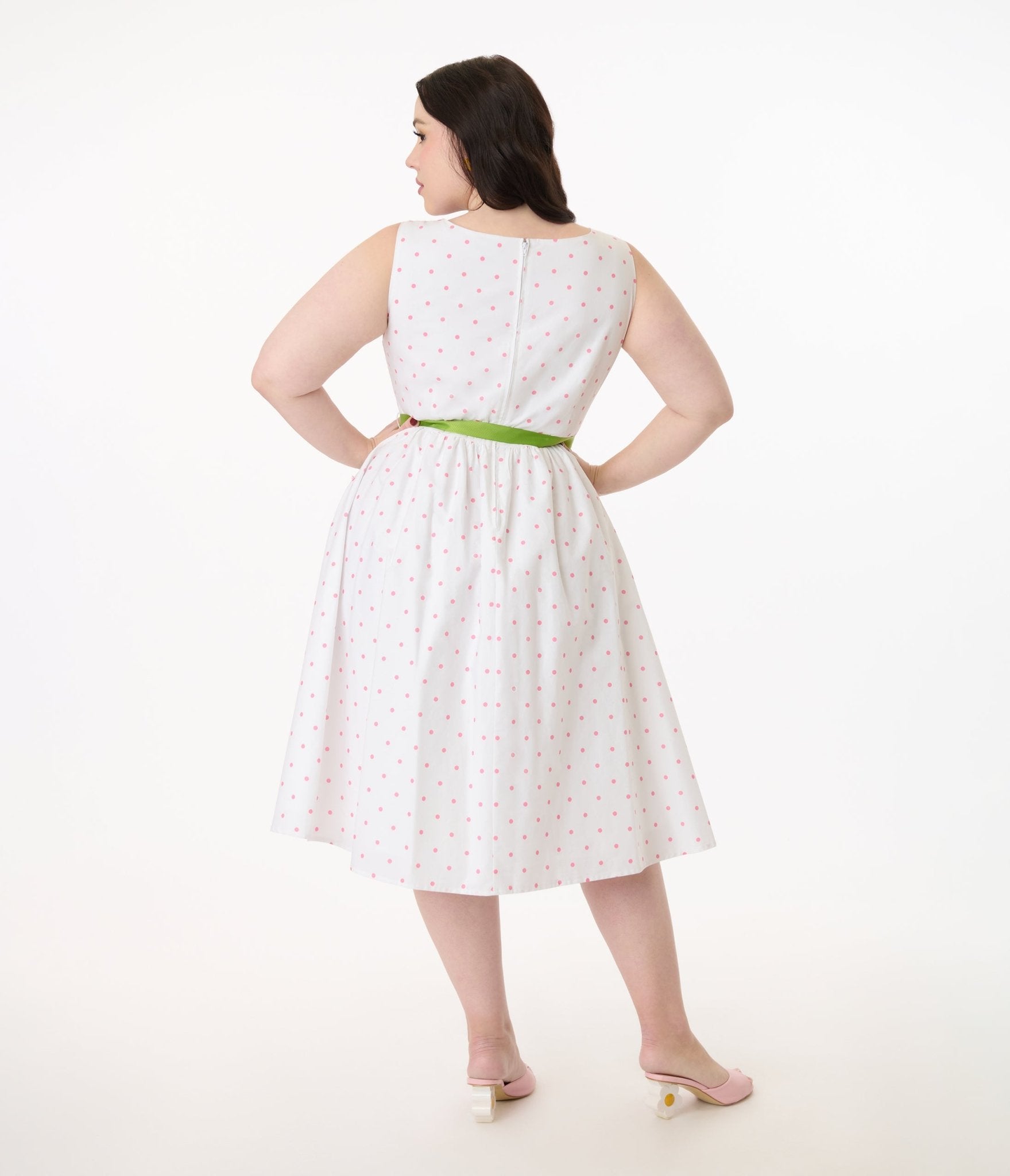Smak Parlour Plus Size Pink Pin Dot Tulip Sleeveless Swing Dress - Unique Vintage - Womens, DRESSES, SWING