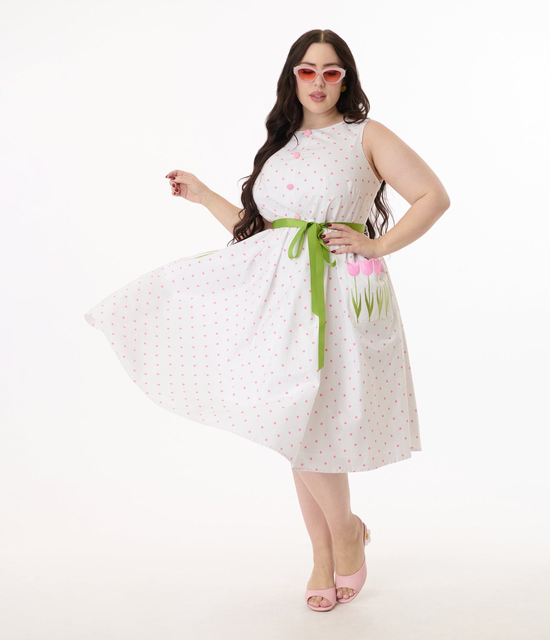 Smak Parlour Plus Size Pink Pin Dot Tulip Sleeveless Swing Dress - Unique Vintage - Womens, DRESSES, SWING