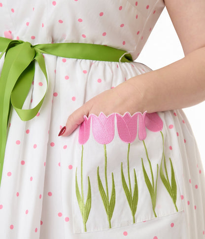 Smak Parlour Plus Size Pink Pin Dot Tulip Sleeveless Swing Dress - Unique Vintage - Womens, DRESSES, SWING