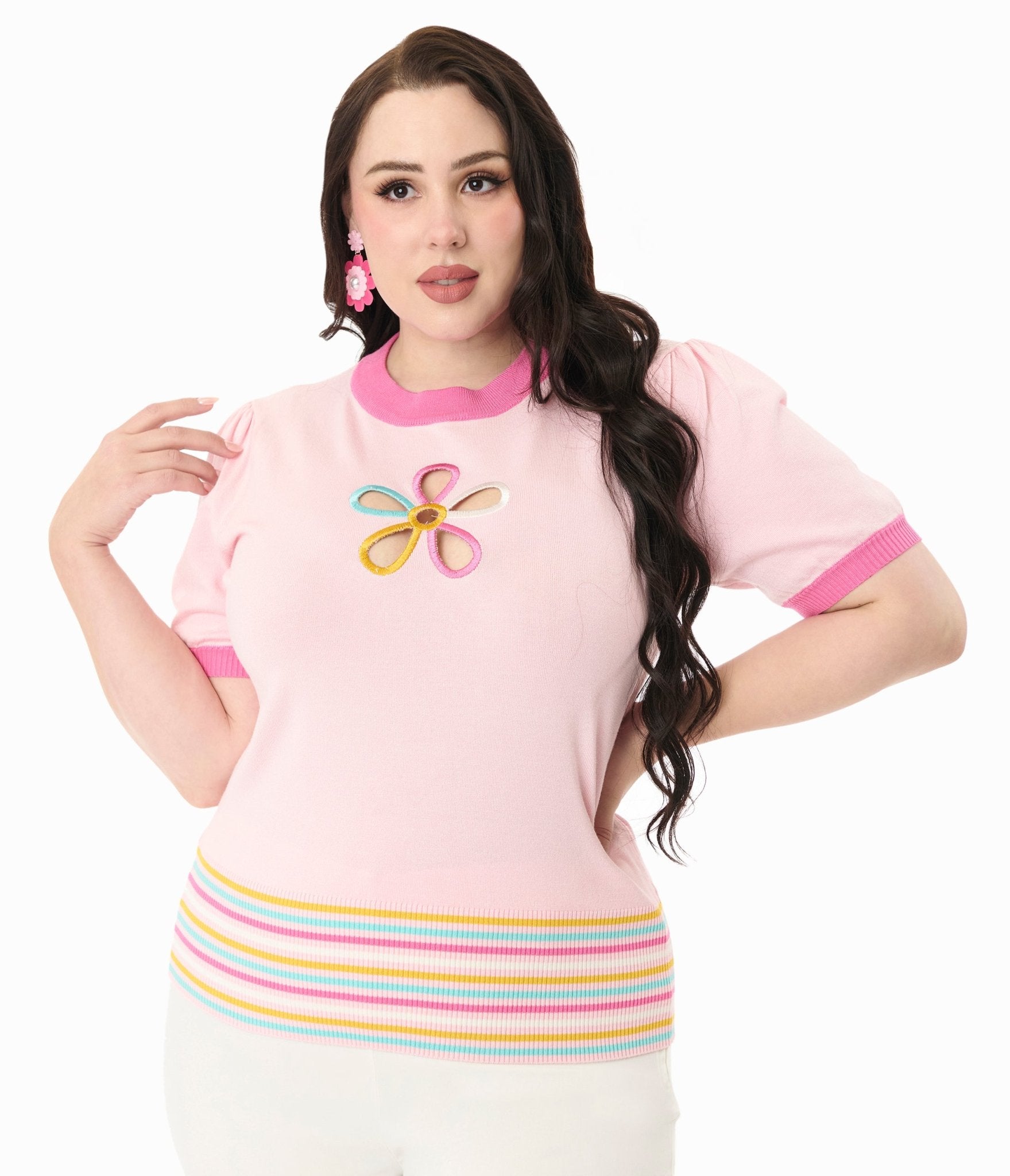Smak Parlour Plus Size Pink & Rainbow Flower Cutout Sweater - Unique Vintage - Womens, TOPS, SWEATERS