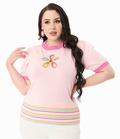 Smak Parlour Plus Size Pink & Rainbow Flower Cutout Sweater - Unique Vintage - Womens, TOPS, SWEATERS