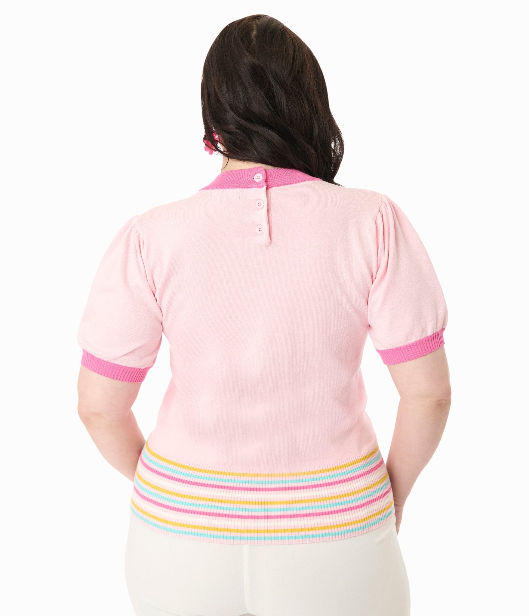 Smak Parlour Plus Size Pink & Rainbow Flower Cutout Sweater - Unique Vintage - Womens, TOPS, SWEATERS