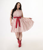 Smak Parlour Plus Size Pink Rose Wallpaper Print Cotton Flare Dress - Unique Vintage - Womens, DRESSES, FIT AND FLARE