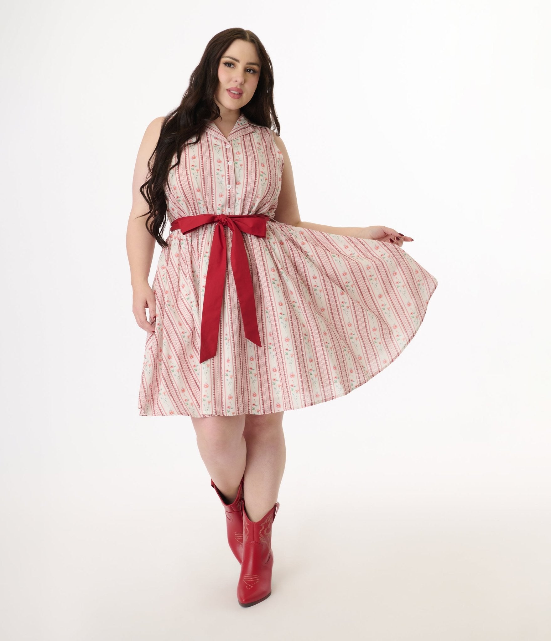 Smak Parlour Plus Size Pink Rose Wallpaper Print Cotton Flare Dress - Unique Vintage - Womens, DRESSES, FIT AND FLARE