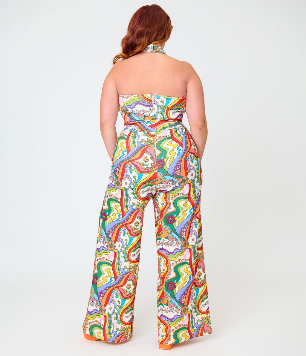 Smak Parlour Plus Size Psychedelic Rainbow Glamour Goddess Jumpsuit - Unique Vintage - Womens, BOTTOMS, ROMPERS AND JUMPSUITS