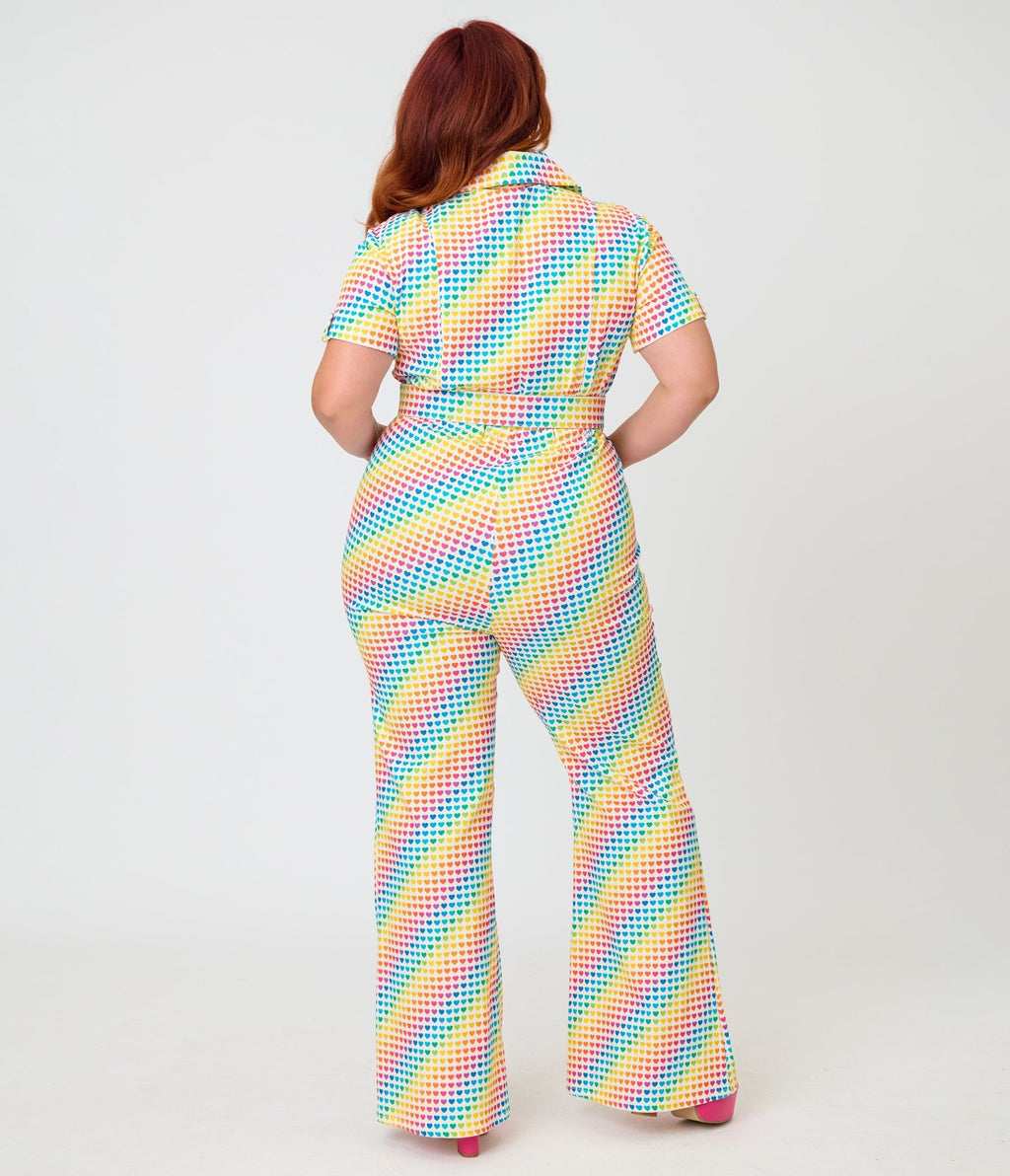 Smak Parlour Plus Size Rainbow Hearts Flare Jumpsuit - Unique Vintage - Womens, BOTTOMS, ROMPERS AND JUMPSUITS