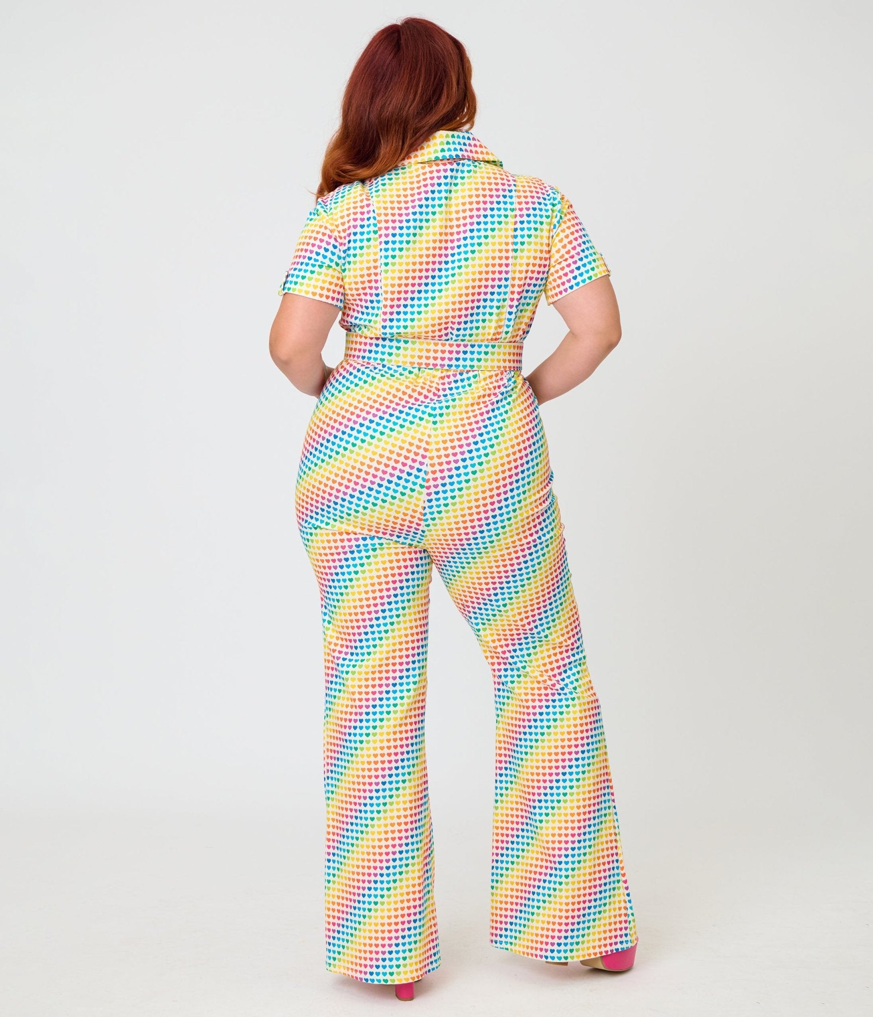 Smak Parlour Plus Size Rainbow Hearts Flare Jumpsuit - Unique Vintage - Womens, BOTTOMS, ROMPERS AND JUMPSUITS