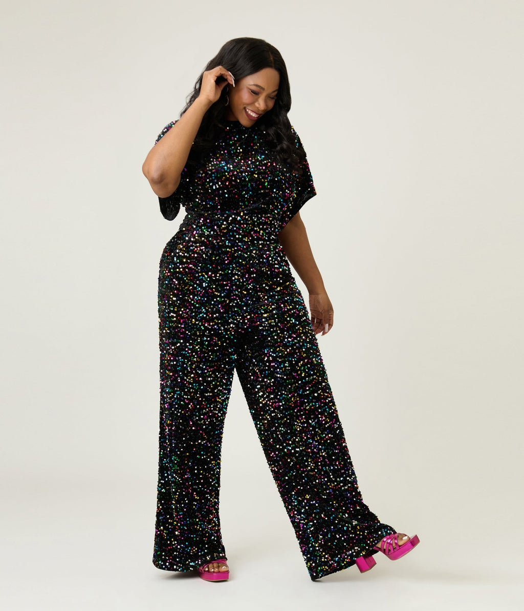 Smak Parlour Plus Size Rainbow Sequin Wide Leg Jumpsuit - Unique Vintage - Womens, BOTTOMS, ROMPERS AND JUMPSUITS