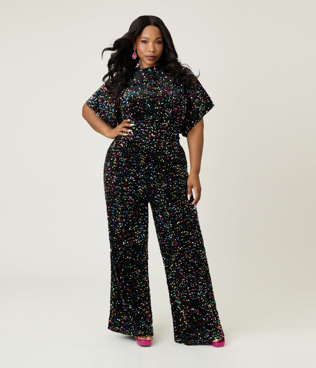 Smak Parlour Plus Size Rainbow Sequin Wide Leg Jumpsuit - Unique Vintage - Womens, BOTTOMS, ROMPERS AND JUMPSUITS