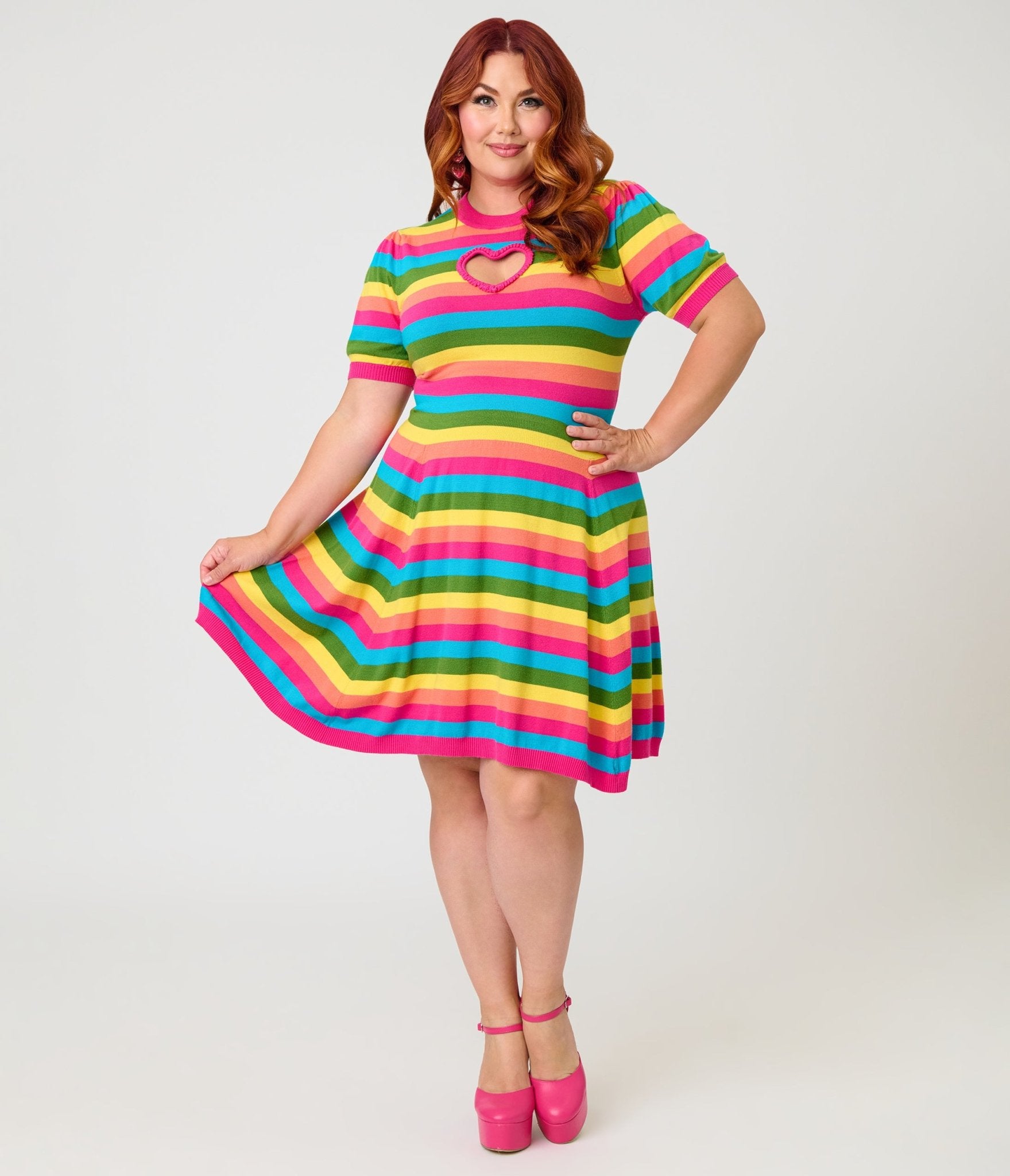 Smak Parlour Plus Size Rainbow Stripe Heart Cutout Flare Dress Unique Vintage Smak Parlour Plus Size Rainbow Stripe Heart Cutout Flare Dress Unique Vintage