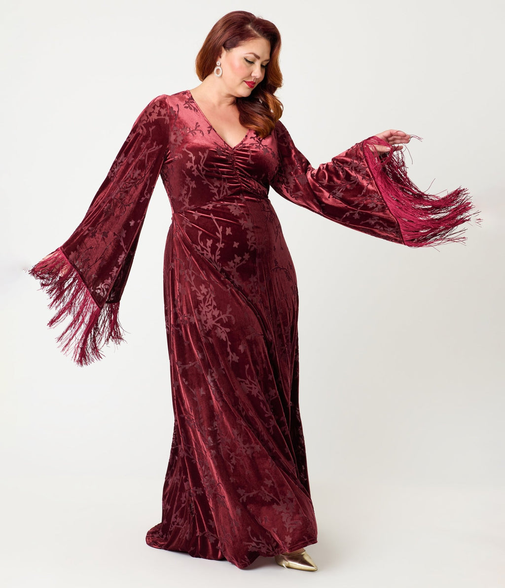 Smak Parlour Plus Size Raspberry Velvet Burnout Fringe Sleeve Stevie Maxi Dress - Unique Vintage - Womens, DRESSES, MAXI