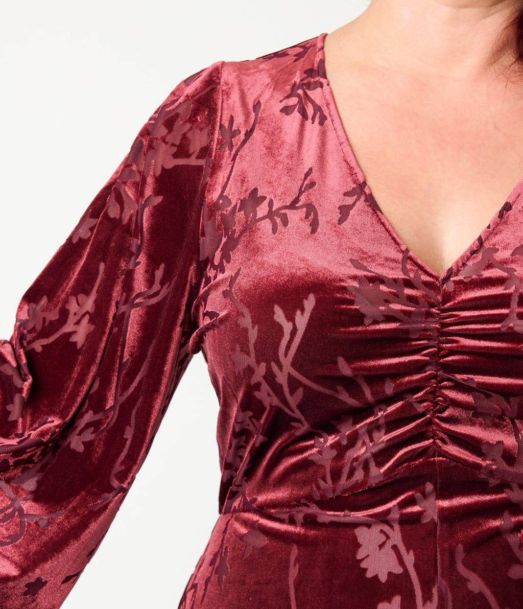 Smak Parlour Plus Size Raspberry Velvet Burnout Fringe Sleeve Stevie Maxi Dress - Unique Vintage - Womens, DRESSES, MAXI