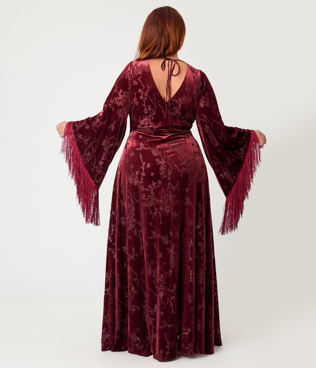 Smak Parlour Plus Size Raspberry Velvet Burnout Fringe Sleeve Stevie Maxi Dress - Unique Vintage - Womens, DRESSES, MAXI