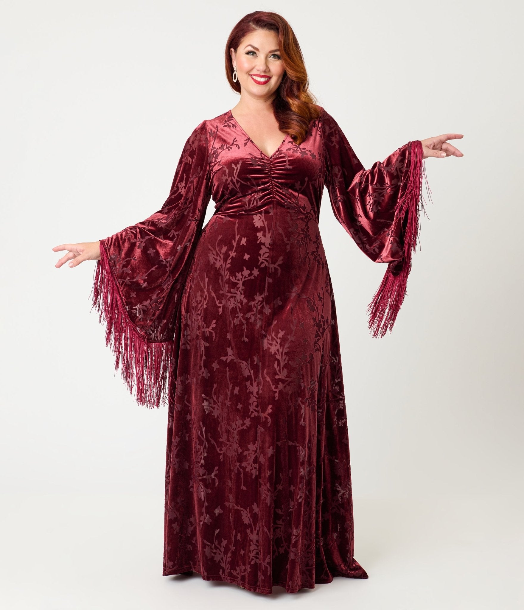 Smak Parlour Plus Size Raspberry Velvet Burnout Fringe Sleeve Stevie Maxi Dress - Unique Vintage - Womens, DRESSES, MAXI