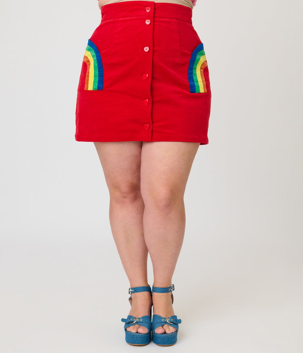 Smak Parlour Plus Size Red Corduroy & Rainbow Pockets Mini Skirt - Unique Vintage - Womens, BOTTOMS, SKIRTS