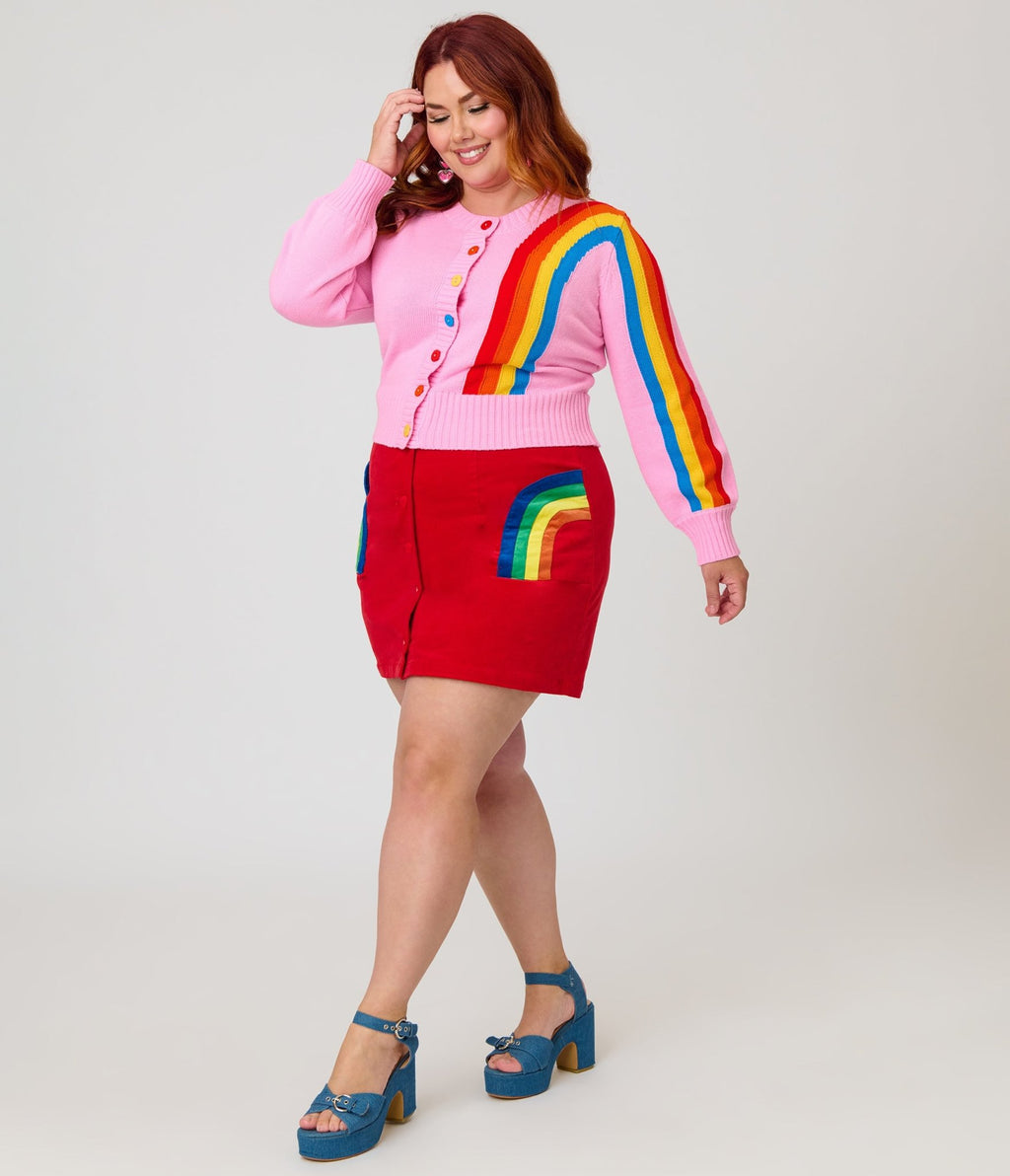 Smak Parlour Plus Size Red Corduroy & Rainbow Pockets Mini Skirt - Unique Vintage - Womens, BOTTOMS, SKIRTS