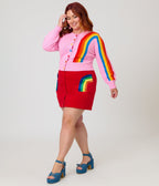 Smak Parlour Plus Size Red Corduroy & Rainbow Pockets Mini Skirt - Unique Vintage - Womens, BOTTOMS, SKIRTS