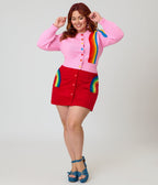 Smak Parlour Plus Size Red Corduroy & Rainbow Pockets Mini Skirt - Unique Vintage - Womens, BOTTOMS, SKIRTS