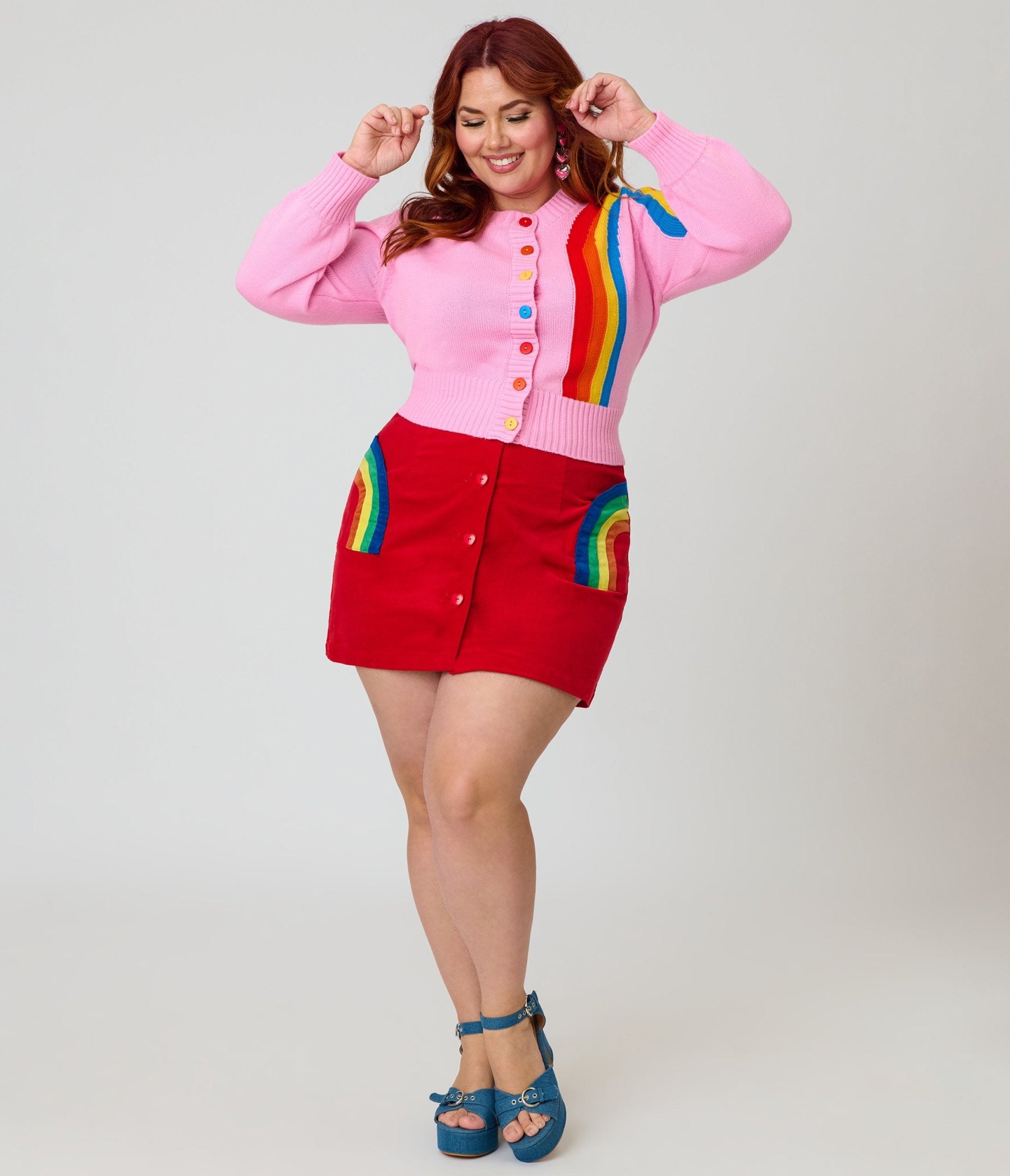 Smak Parlour Plus Size Red Corduroy & Rainbow Pockets Mini Skirt - Unique Vintage - Womens, BOTTOMS, SKIRTS