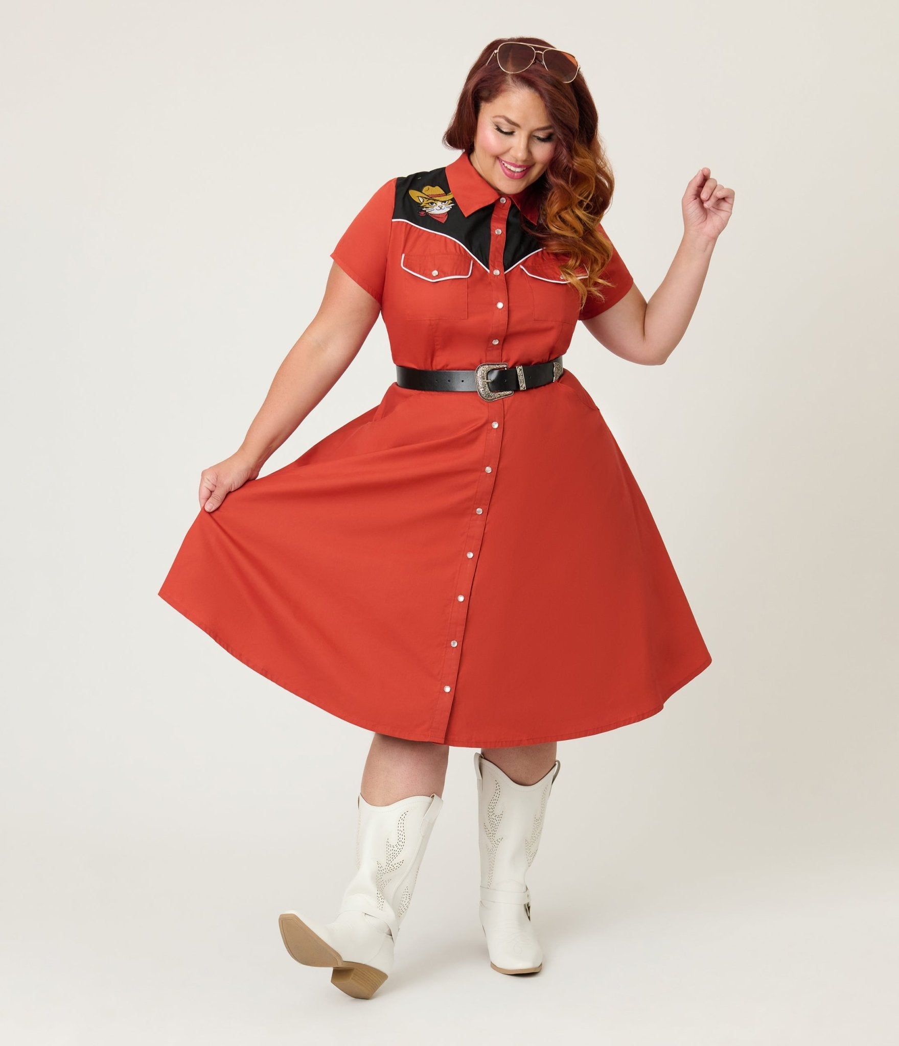 Smak Parlour Plus Size Red Embroidered Cowboy Cat Western Flare Dress - Unique Vintage - Womens, DRESSES, FIT AND FLARE