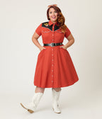 Smak Parlour Plus Size Red Embroidered Cowboy Cat Western Flare Dress - Unique Vintage - Womens, DRESSES, FIT AND FLARE