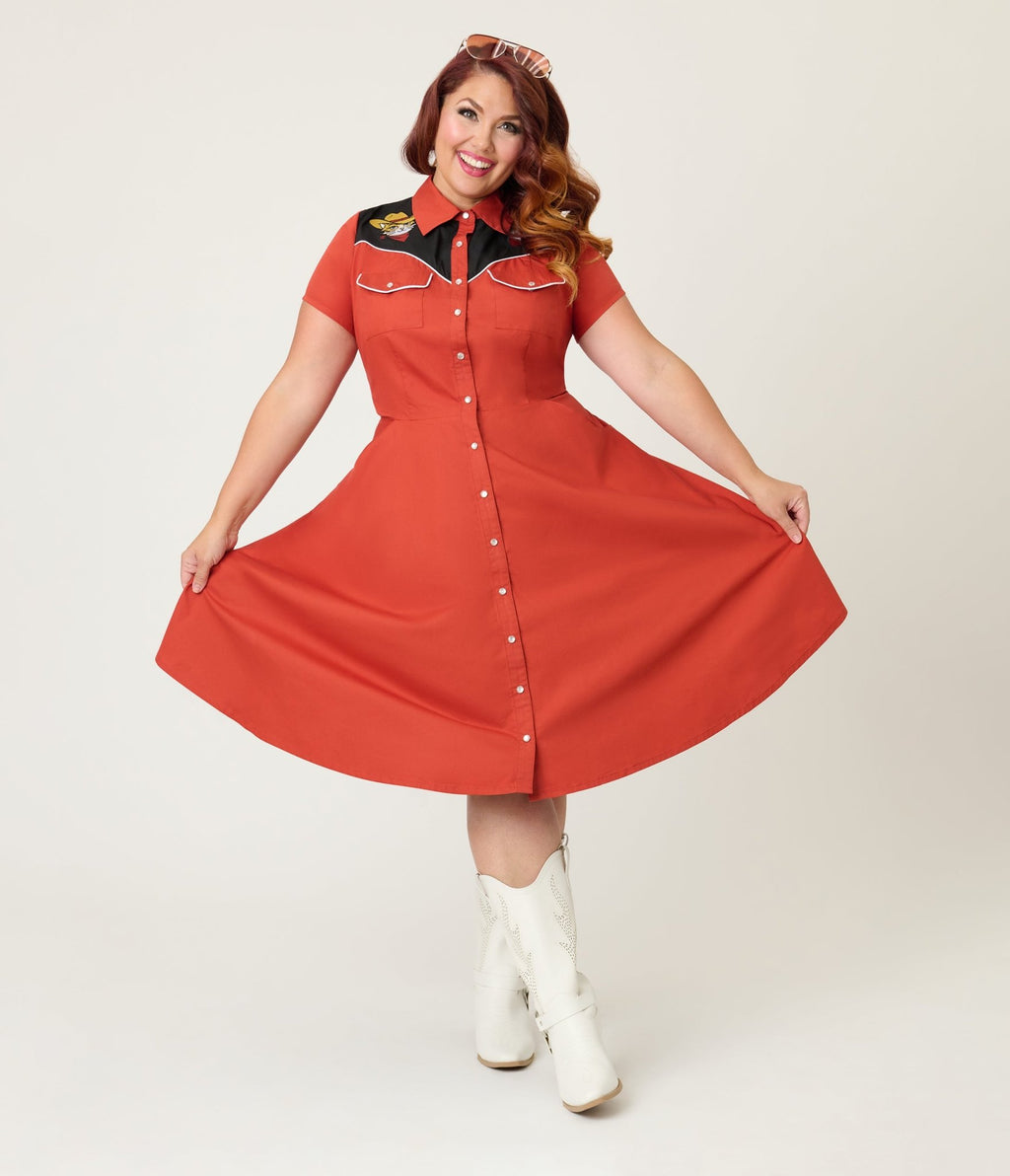 Smak Parlour Plus Size Red Embroidered Cowboy Cat Western Flare Dress - Unique Vintage - Womens, DRESSES, FIT AND FLARE