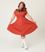 Smak Parlour Plus Size Red Embroidered Cowboy Cat Western Flare Dress - Unique Vintage - Womens, DRESSES, FIT AND FLARE