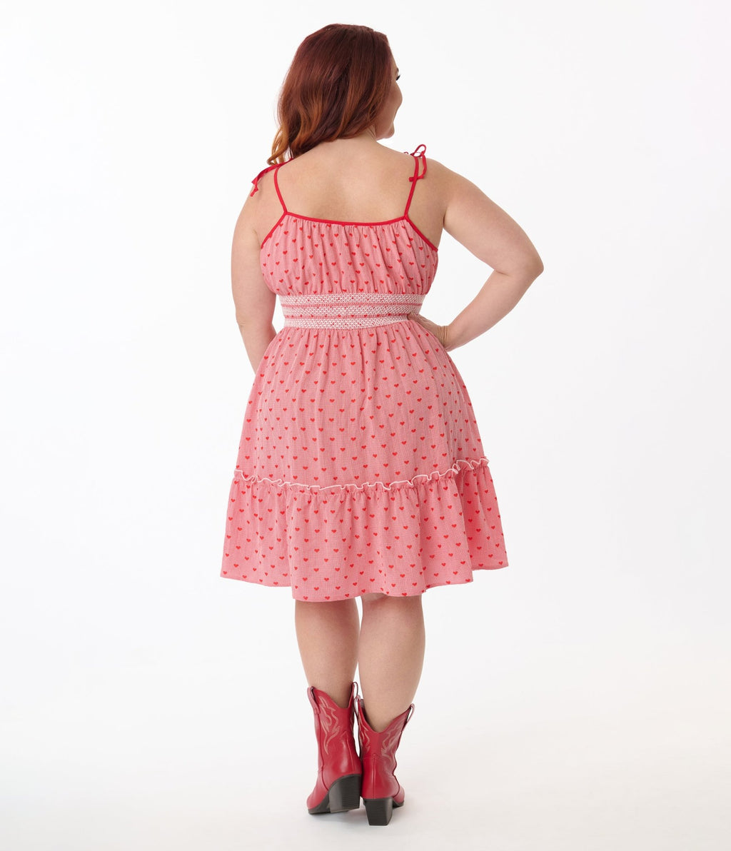 Smak Parlour Plus Size Red Gingham Hearts Tiered Cotton Flare Dress - Unique Vintage - Womens, DRESSES, FIT AND FLARE